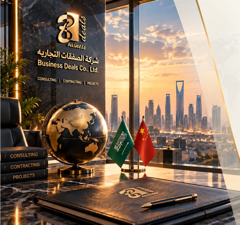 مكتب تنفيذي عليه كرة أرضية وعلما السعودية والصين مع إطلالة على أفق الرياض